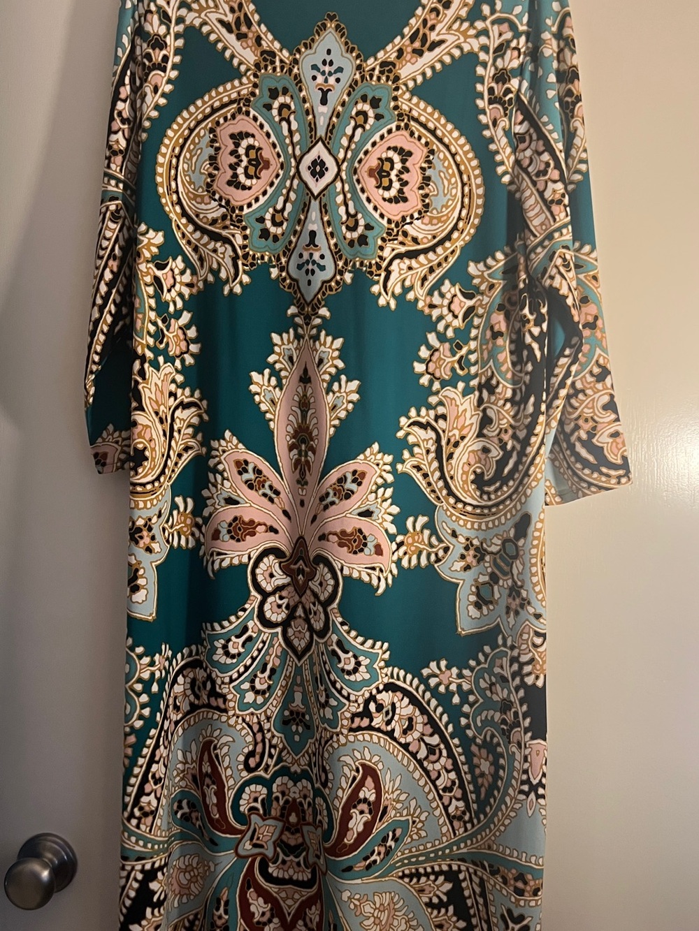 Women's Teal Paisley Print Dress - Elegant Long Sleeve Shift